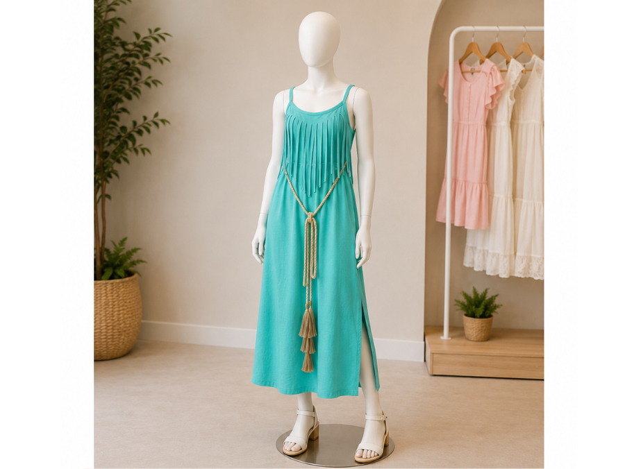 Robe Longue Bohème Turquoise à Franges