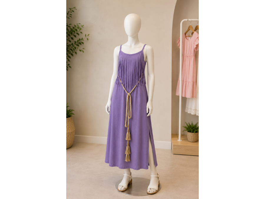 Robe Longue Bohème Lilas à Franges