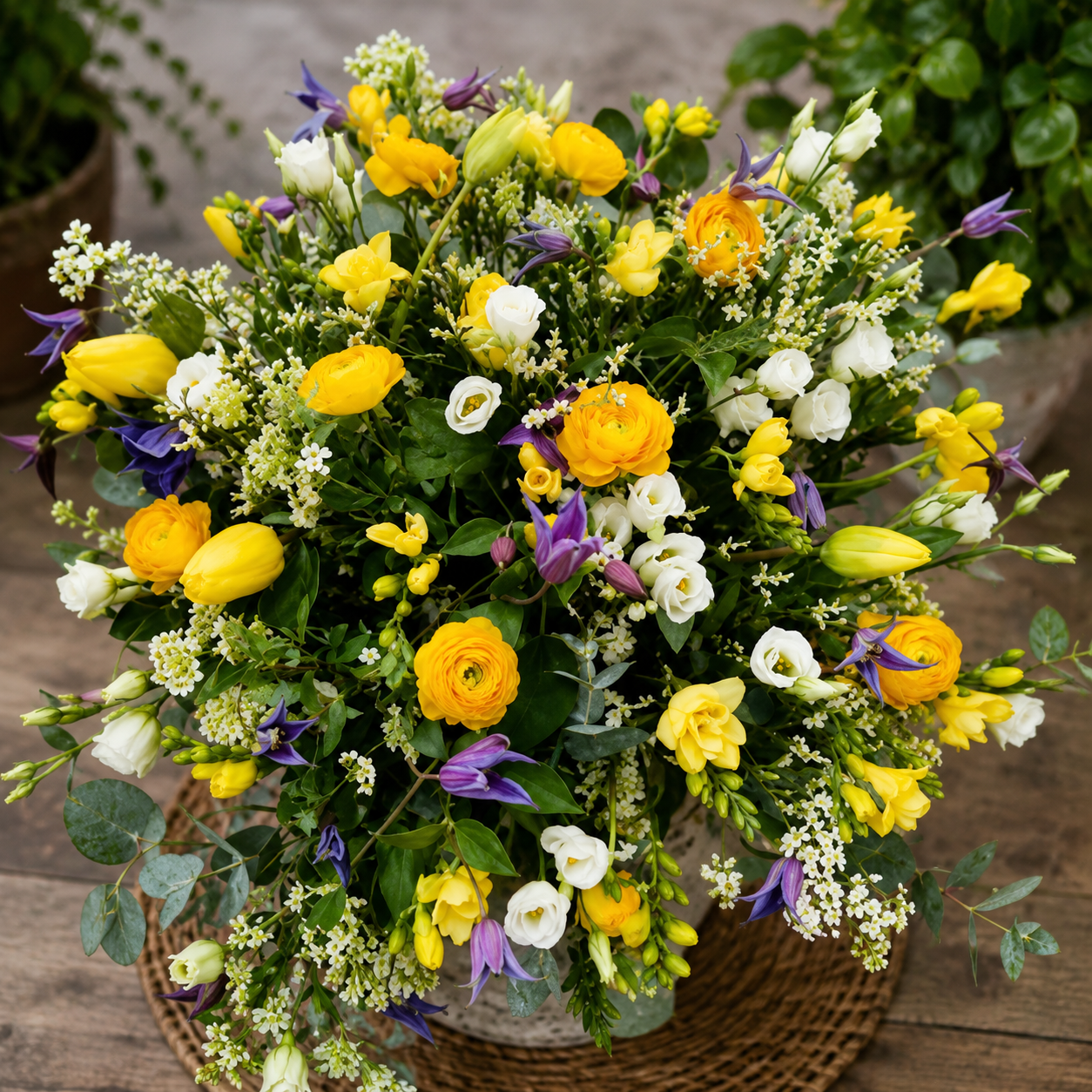 Bouquet printanier sur table en bois