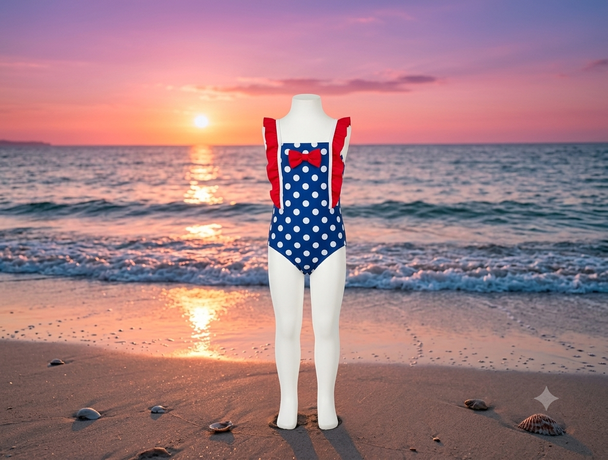 Maillot de bain bébé à pois marine et blanc - 1