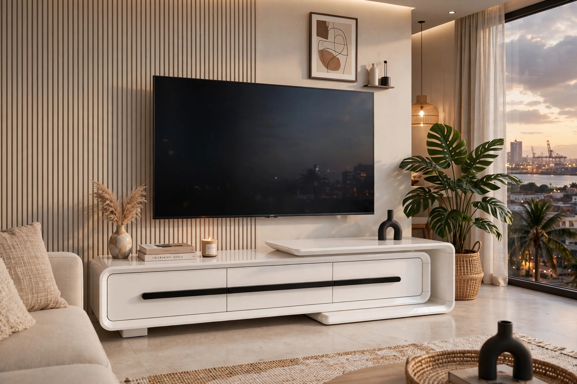 Meuble TV Blanc Laqué Moderne - 3 Tiroirs Design